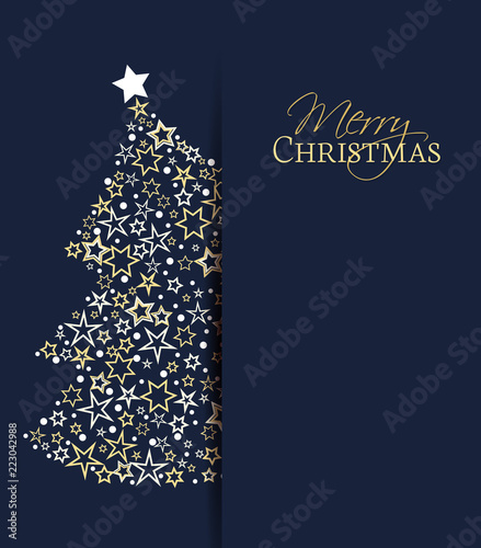 Vector illustration of a Christmas background. Christmas tree made of stars. Happy Christmas greeting card.