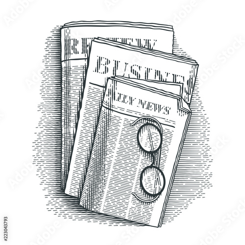 Stack of newspapers  and glasses. Hand drawn engraving style illustrations.