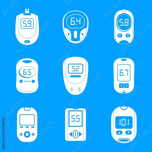 Glucose meter sugar blood test device icons set. Simple illustration of 9 glucose meter sugar blood test device vector icons for web