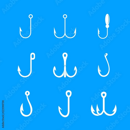 Fishing hook rod tackle catch metal icons set. Simple illustration of 9 fishing hook rod tackle catch metal vector icons for web