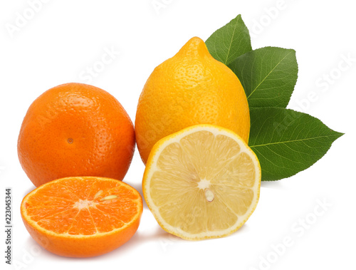 Tangerine and lemon isolated on white background