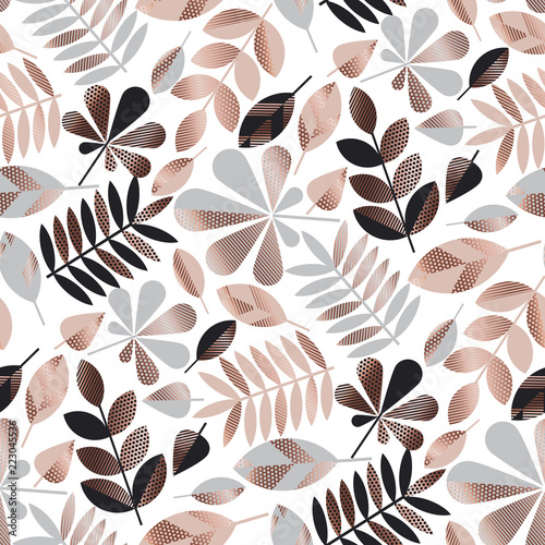 Gray and rose gold geometric fall leaves seamless pattern