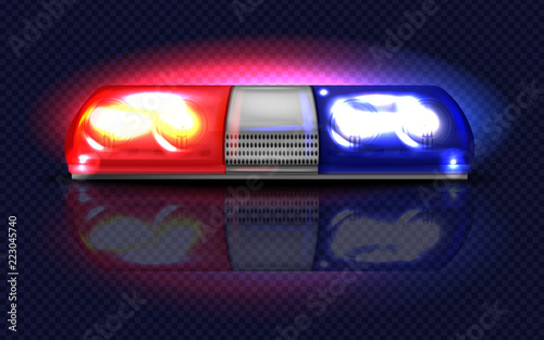 Vector 3d realistic red and blue flashers. Police, ambulance or other municipal service siren with light, rotating alert lamp. Transparent beacon for emergency isolated on dark background.