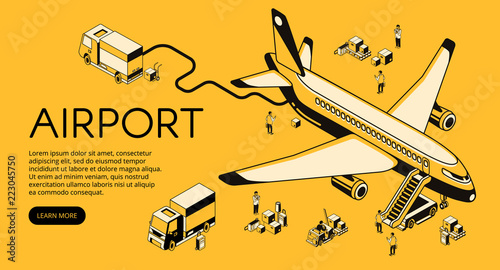 Airport and airplane preparation before or after flight vector illustration. Passenger plane on fueling with boarding stairs and freight logistics in isometric line on yellow halftone design