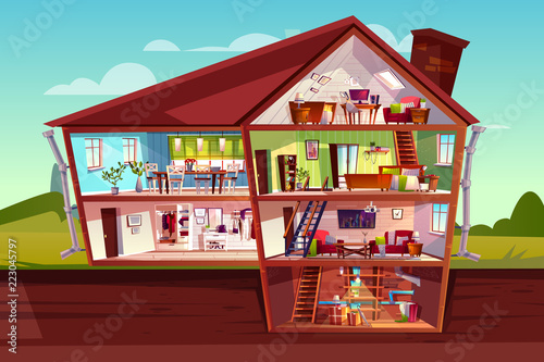 House cross section vector illustration of home interior and furniture. Cartoon private mansion floors plan of attic, living room or bedroom apartments with kitchen, corridor hall and cellar storey © vectorpouch