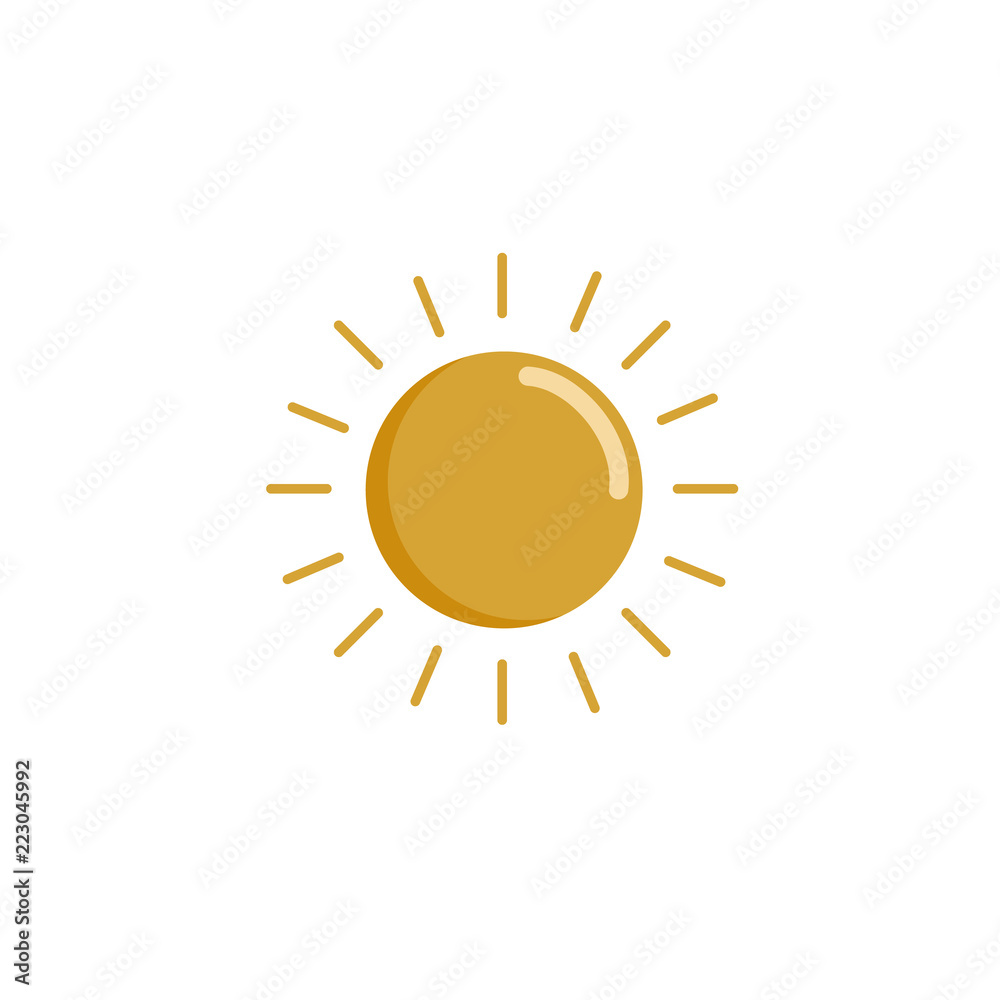 Vector simple drawing of the sun. The icon of the sun. Flat design is summer. Symbol of summer. Yellow Icon pictogram of the sun on a white background