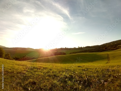 Sunrise and sunset over the hills and town. Slovakia 