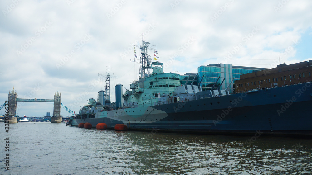 Warship on the River Thames, London Warship on the River Thames, London