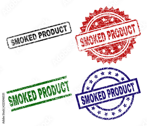 SMOKED PRODUCT seal prints with distress style. Black, green,red,blue vector rubber prints of SMOKED PRODUCT tag with corroded style. Rubber seals with circle, rectangle, medallion shapes.