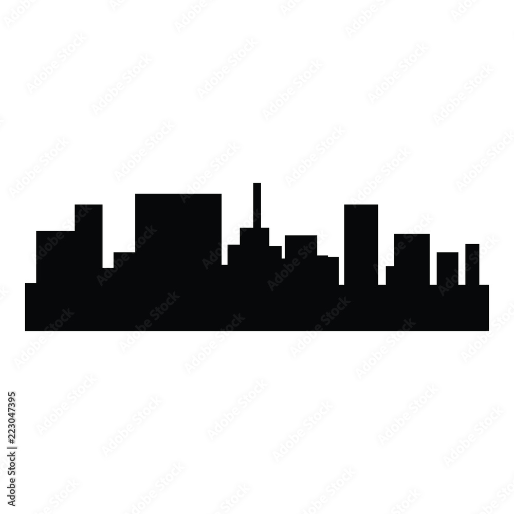 A black and white silhouette of a skyline