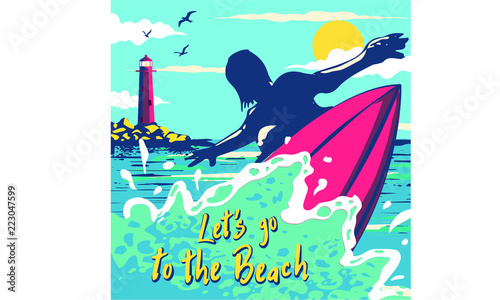 surfing man on a beach palm sand ocean on background banner site poste, hand drawn vector abstract cartoon summer time graphic illustrations art template background with