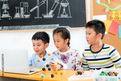 Elementary school students use computers in the classroom photo