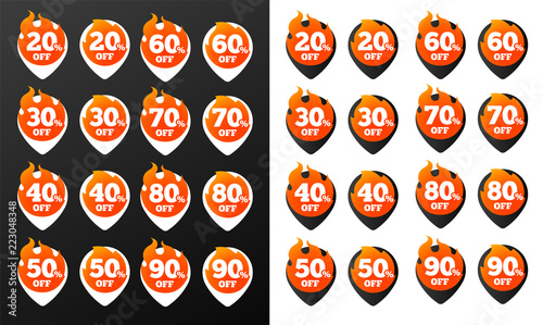 Hot Discount Burning Pins. Black and White Versions, 32 variations. Isolated Vector Objects.