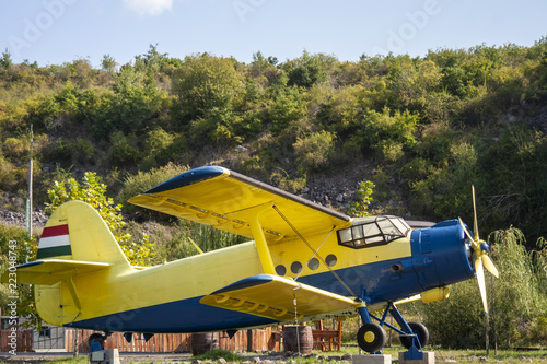 Blue yellow airplane with hungarian flag and landscape background.