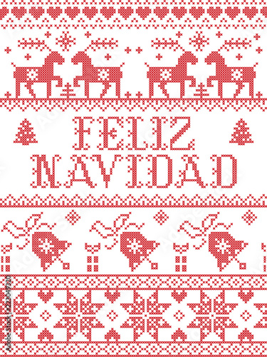 Christmas pattern spanish Feliz Navidad vector seamless pattern inspired by Nordic culture festive winter in cross stitch with heart, snowflake, snow ,Christmas tree,  reindeer, present, ornaments