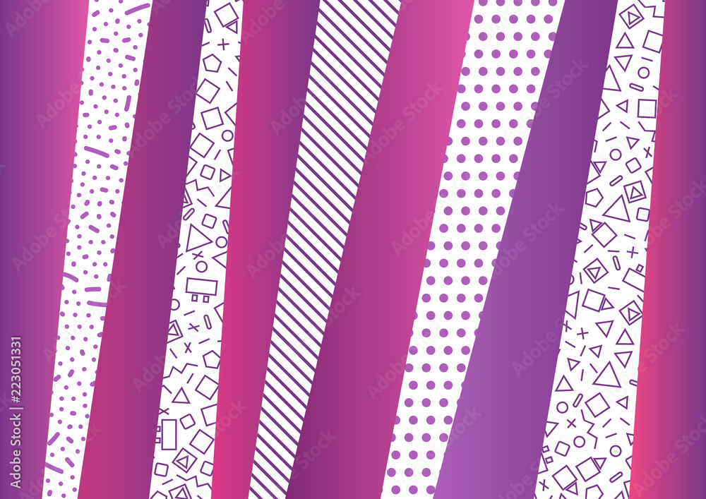 Background with geometric shapes, the design of the 80s - vector illustration. In retro memphis group style card. abstract background with vertical stripes