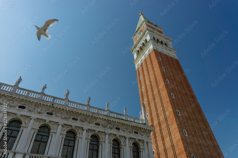 Bell Tower St Mark's Square (Campanile in piazza San Marco), Venice, Veneto, Italy. Piazza San Marco is one of the main travel attractions in Italy.