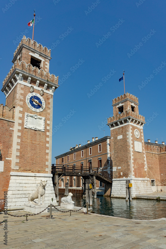 Tower at the entrace of the Arsenale of Venice, Veneto, Italy