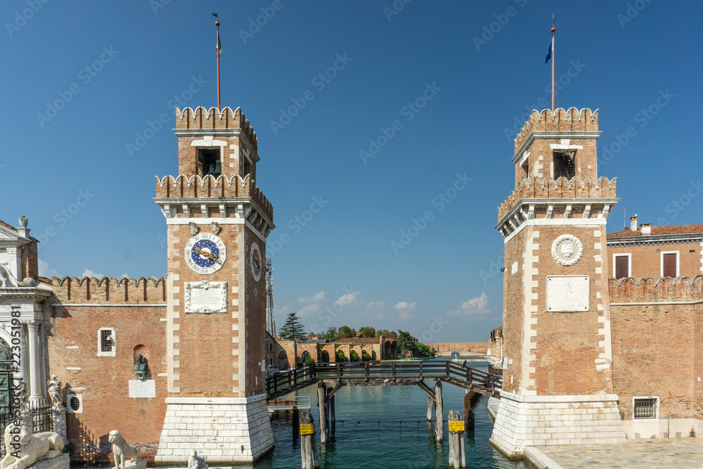 Tower at the entrace of the Arsenale of Venice, Veneto, Italy