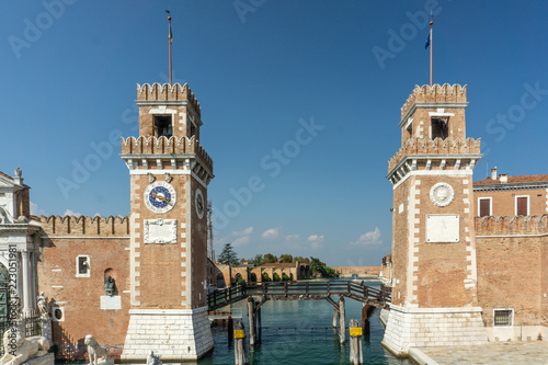Tower at the entrace of the Arsenale of Venice, Veneto, Italy