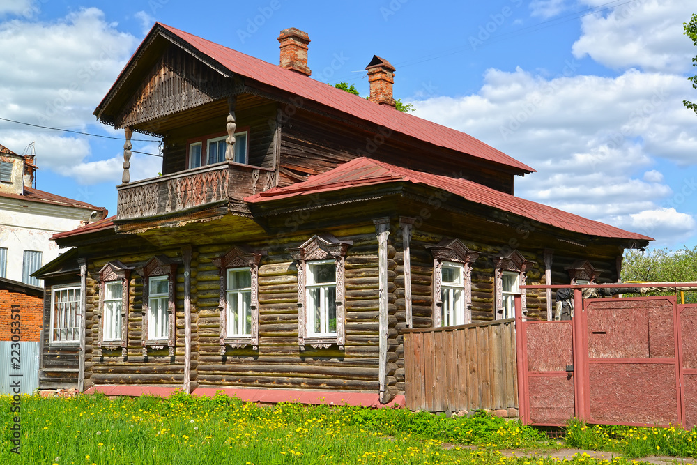 Old wooden house with the mezzanine. Uglich, Yaroslavl region