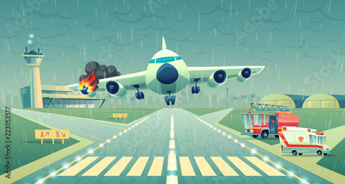 Vector mayday landing of the plane on a strip near of terminal. Crash of flight in bad weather, wing in fire. Ambulance, firefighter cars on asphalt runway, accident case. Danger situation, stress.
