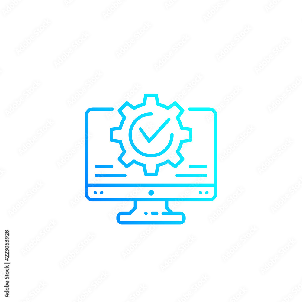 computer and gear, settings and configuration vector line icon computer and gear, settings and configuration vector line icon