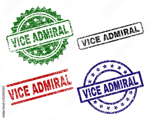 VICE ADMIRAL seal prints with corroded surface. Black, green,red,blue vector rubber prints of VICE ADMIRAL text with corroded surface. Rubber seals with circle, rectangle, rosette shapes.
