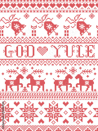 Christmas pattern Merry Christmas in Norwegian God Yule vector seamless pattern inspired by Nordic culture festive winter in cross stitch with heart, snowflake, snow ,Christmas tree,  reindeer, bells