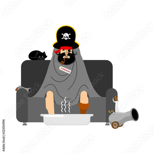 Pirate sick sitting in armchair wrapped in blanket. Filibuster illness sneezing. Unhappy buccaneer flu sitting on sofa. vector illustration