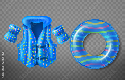 Vector set with blue rubber ring, life jacket and inflatable armbands for kids isolated on transparent background. Swim aids to help children float in water, equipment for swimming in pool and sea