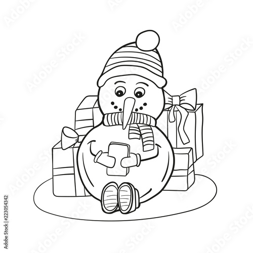 Outlined coloring funny snowman. Coloring book page for children - snowman with mobile phone in hands