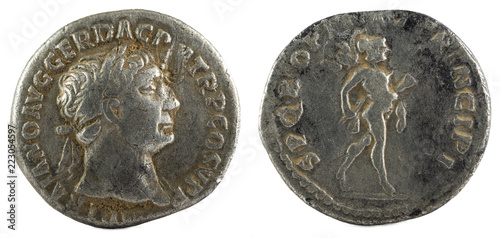 Ancient Roman silver denarius coin of Emperor Trajan.