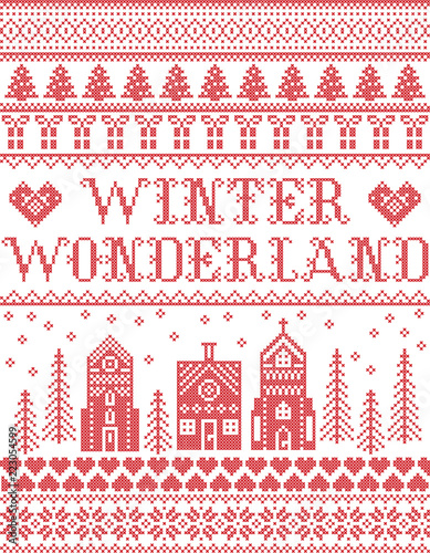 Christmas pattern with Winter Wonderland village  vector seamless pattern inspired by Nordic culture festive winter in cross stitch with heart, snowflake, snow ,Christmas tree,  church in red