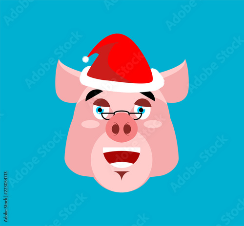 Santa Pig laugh Emoji. Cheerful piggy face. Christmas avatars