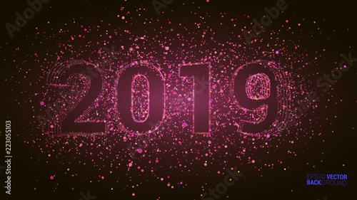 2019 Happy New Year background with number and pink glitter.