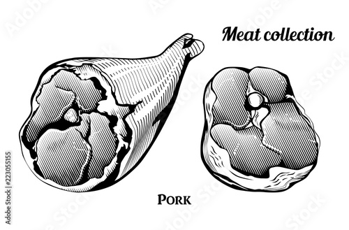 Engraving style collection of meat food ingredients. Line art vintage illustration of ham hock and pork chop. Vector