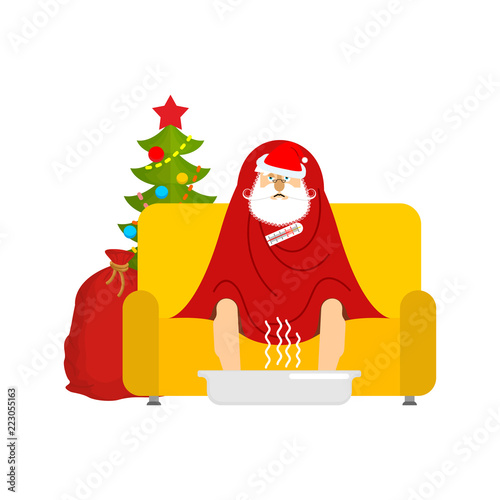 Santa sick sitting in armchair wrapped in blanket. Claus illness sneezing. Unhappy Grandfather having flu sitting on sofa. vector illustration