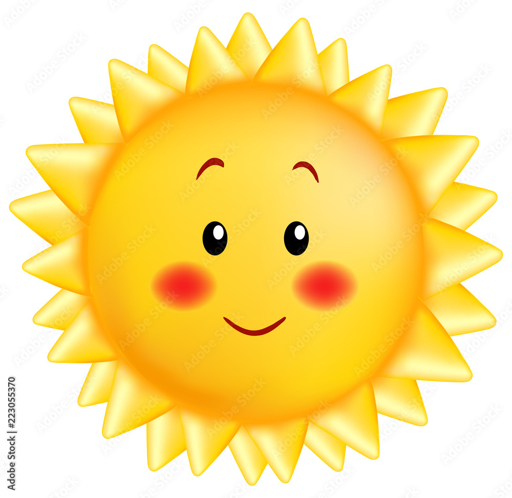 A small smiling sun in yellow color in a cartoon style