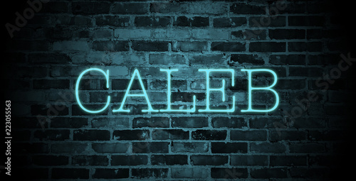 first name caleb in blue neon on brick wall photo