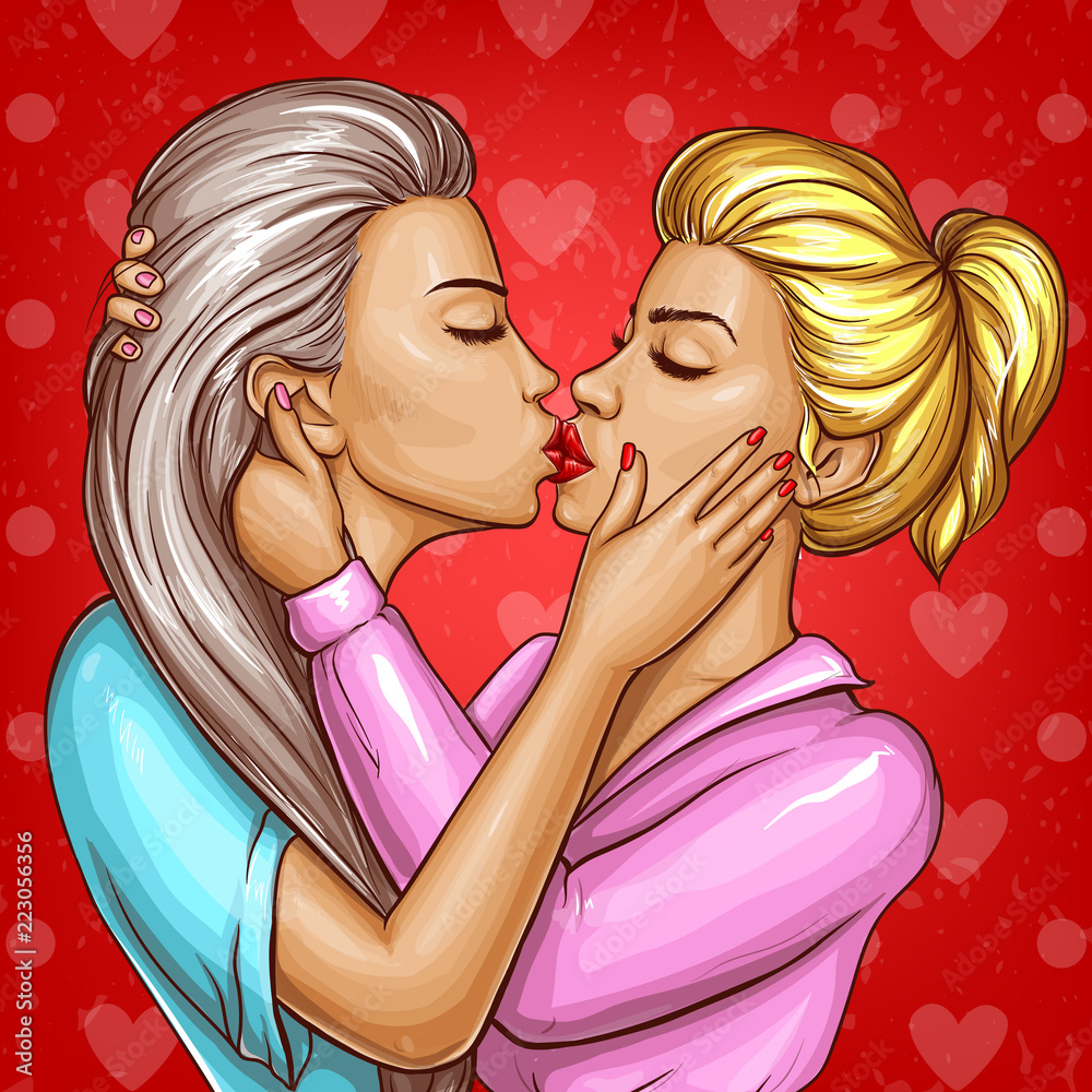 Vector pop art sexy women kissing each other, lesbian love. Girls with red  lips, closed eyes isolated on red background with hearts. Homosexual  relationship, sensual cartoon characters for ad poster Stock Vector |