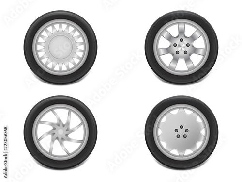 Vector 3d realistic black tires in side view, shining steel and rubber wheel for car, automobile, isolated on white. Modern rim, tread - automotive equipment for mechanic shop, service.