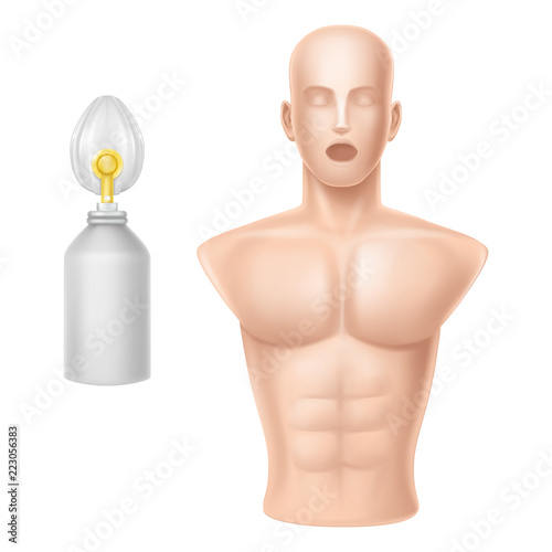 Vector 3d realistic human body for training of artificial respiration, equipment for lifeguards, medical workers. Trainer and gas cylinder with oxygen, apparatus isolated on white background.