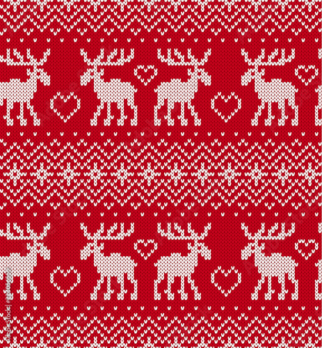 Christmas knit geometric ornament with moose and heart shapes. Knitted textured background Knitted pattern for a sweater