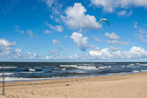 Kiteboarding. Extreme Sport Kitesurfing. Sea, clouds and kitesurfing.