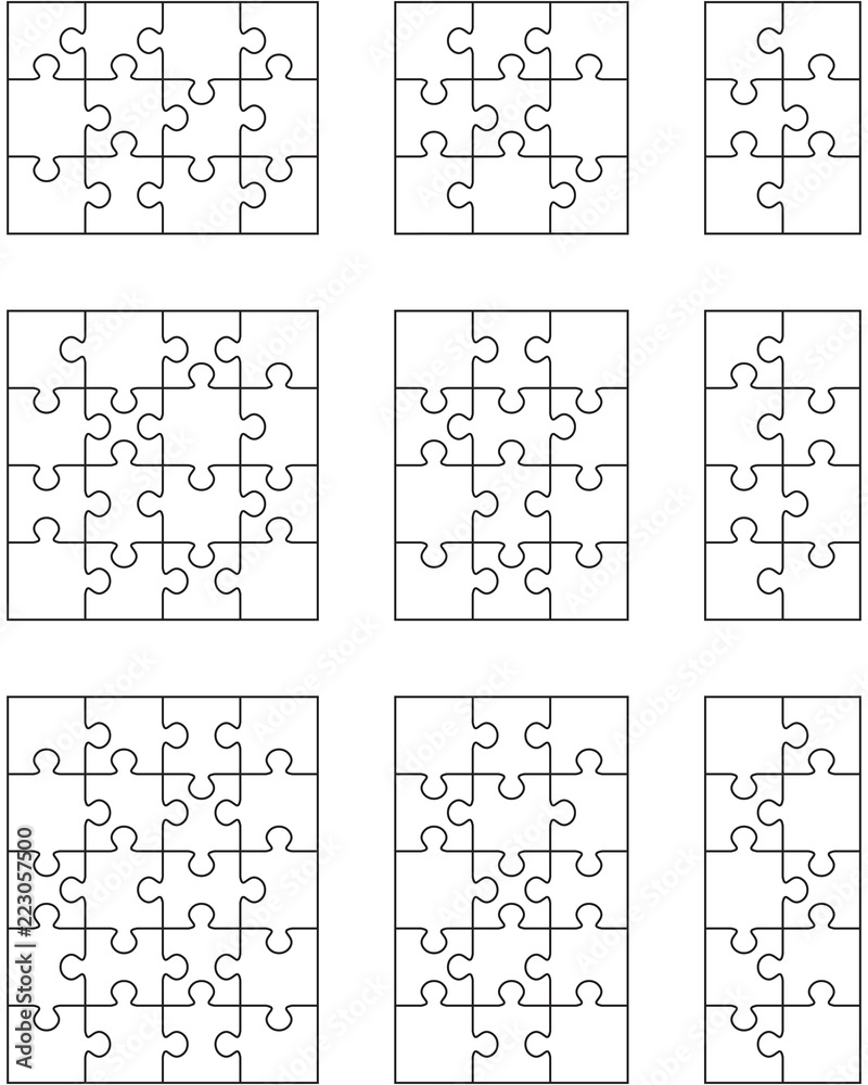 Vector illustration of nine different white puzzles, separate pieces Vector illustration of nine different white puzzles, separate pieces