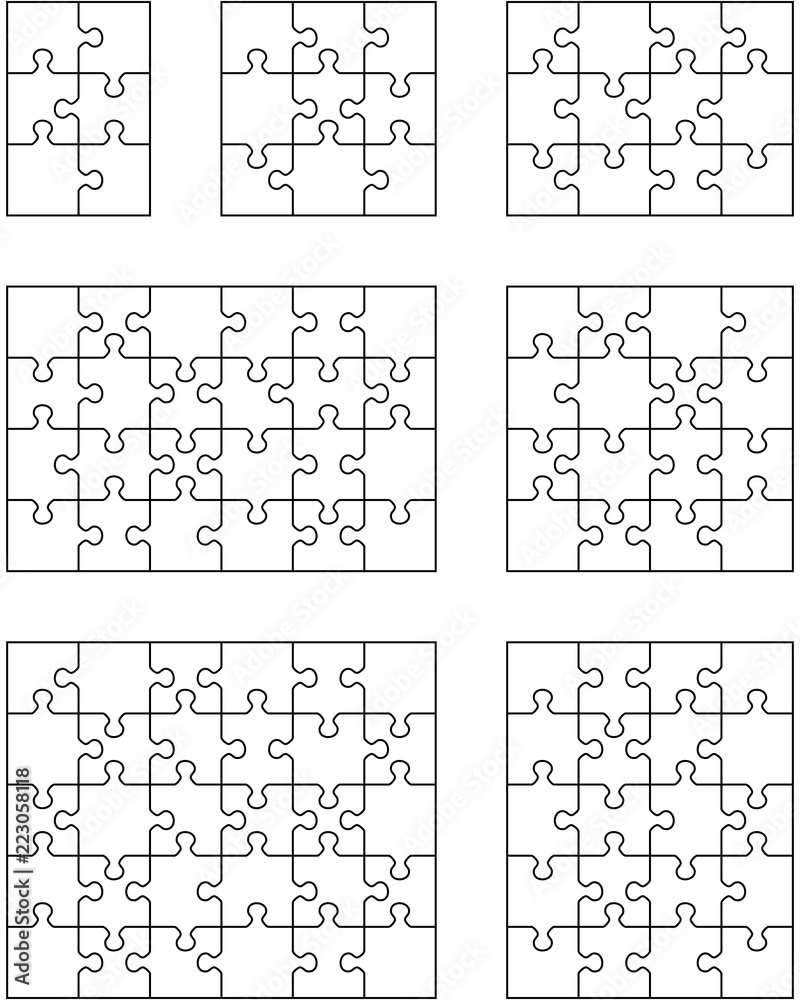 Vector illustration of seven different white puzzles, separate pieces Vector illustration of seven different white puzzles, separate pieces