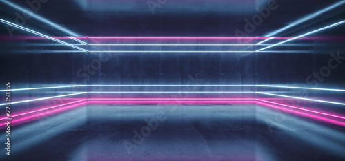 Fototapeta Naklejka Na Ścianę i Meble -  Sci Fi Futuristic Modern Concrete Room With Glowing Neon Purple And Blue Tubes And Empty Space Wallpaper 3D Rendering