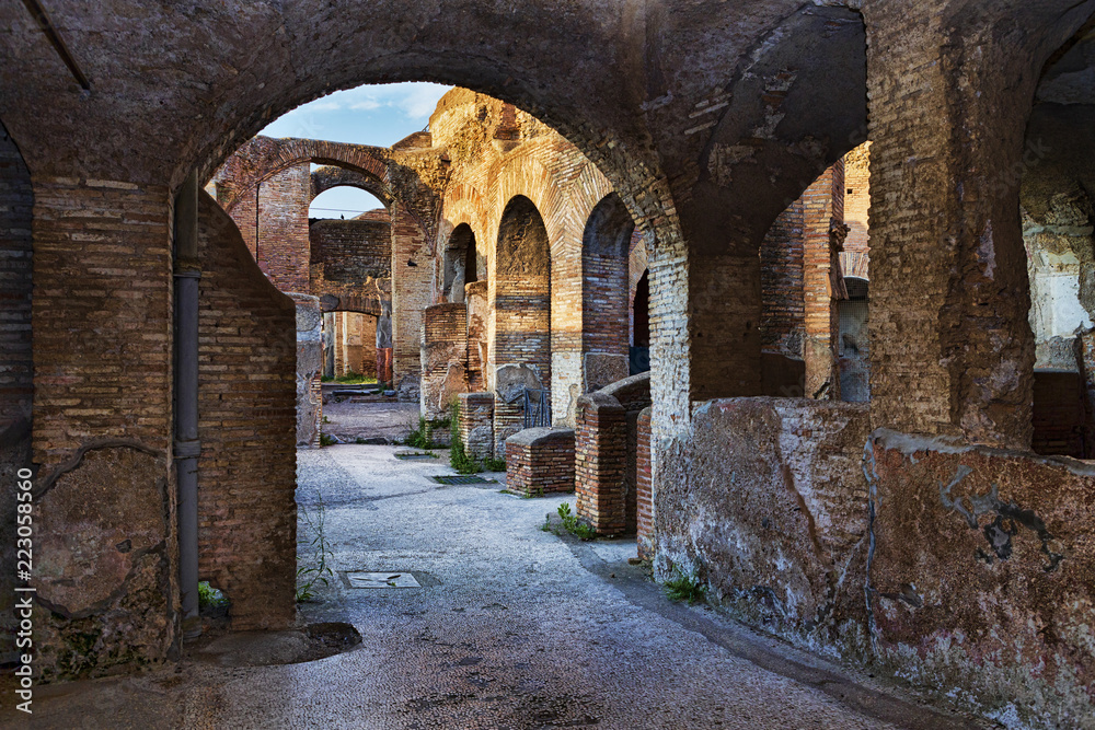 Inside view of the seven wise men tenement spa in the ancient Roman ruins of Ostia Antica - Rome