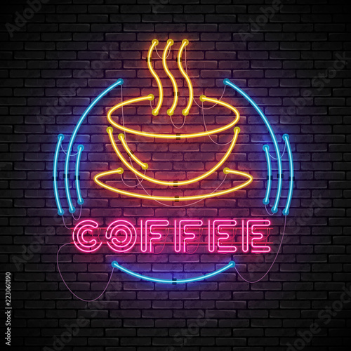 Shining and glowing red neon coffee sign in blue frame with yellow coffee cup. Bright coffee house sign, night advertisement logo, vector illustration.